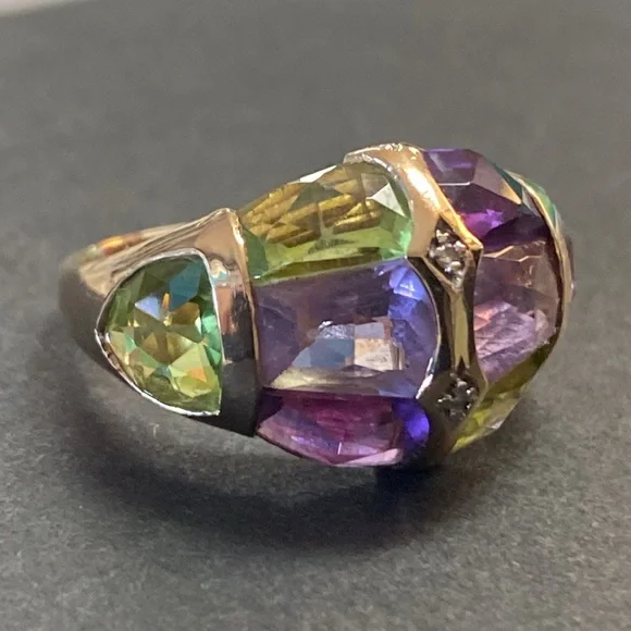 14K Gold Amethyst Peridot & Diamond Accents Ring - Picture 3 of 11